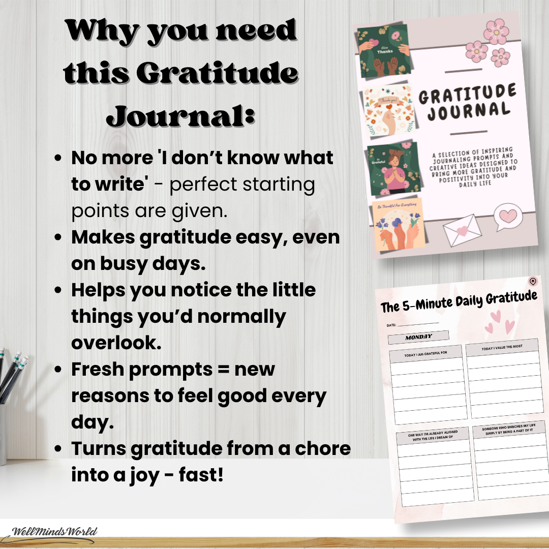 Aesthetic gratitude journal PDF with prompts to help shift focus to the good in each day.