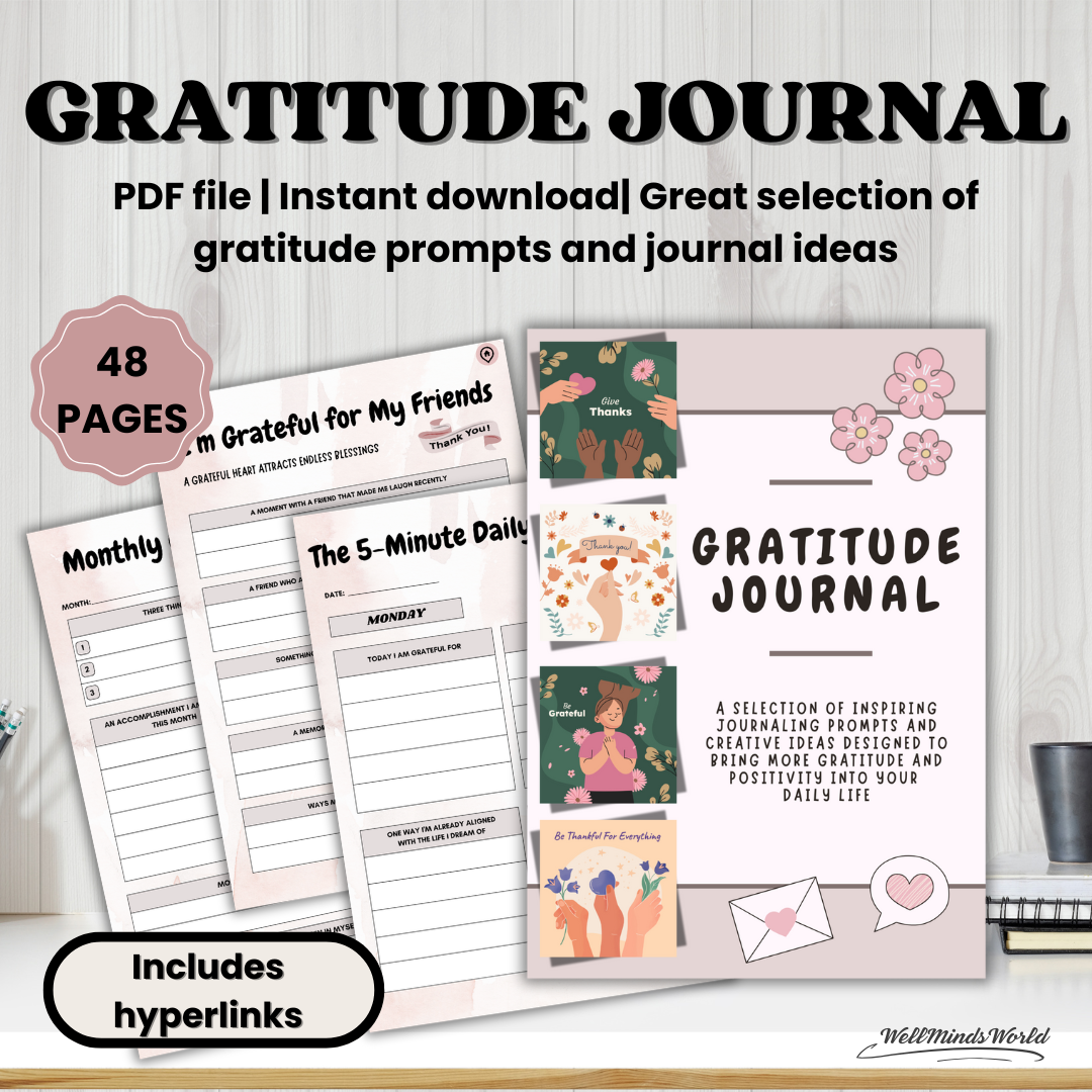 Self-care journaling tool with structured prompts to practice gratitude and intentional living.