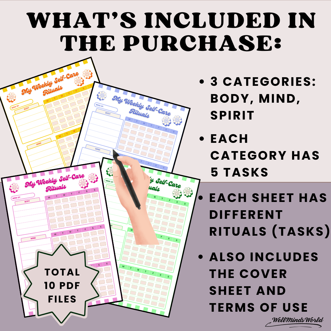 Printable planner with colorful layouts for nurturing self-care habits and positive mindset