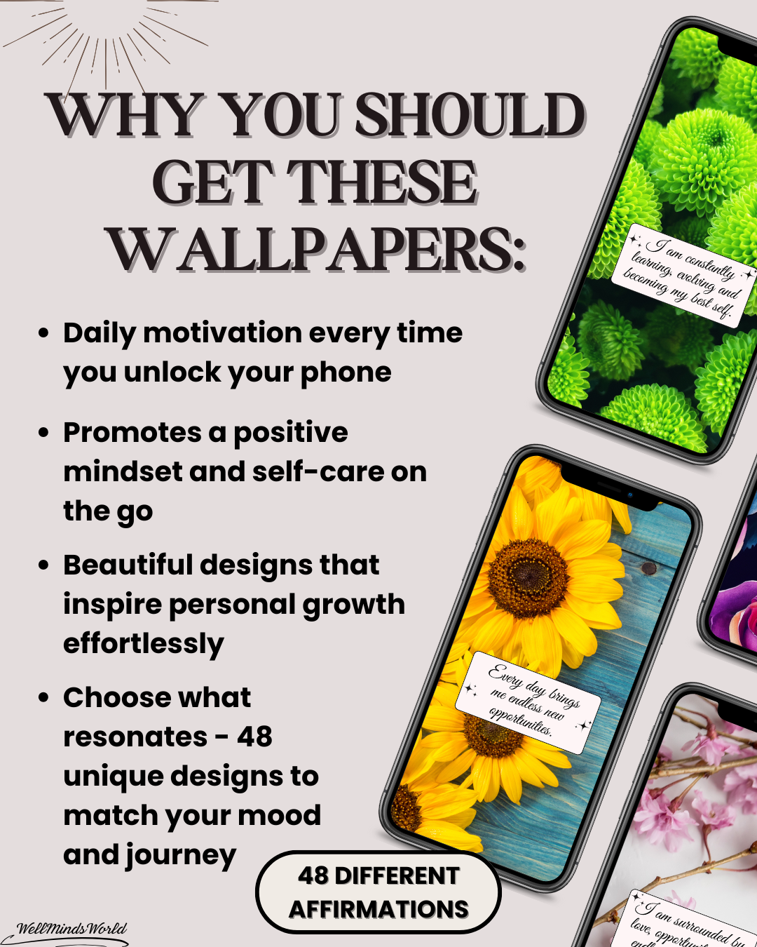 Self-love affirmation wallpaper set for iPhone and Android with empowering messages