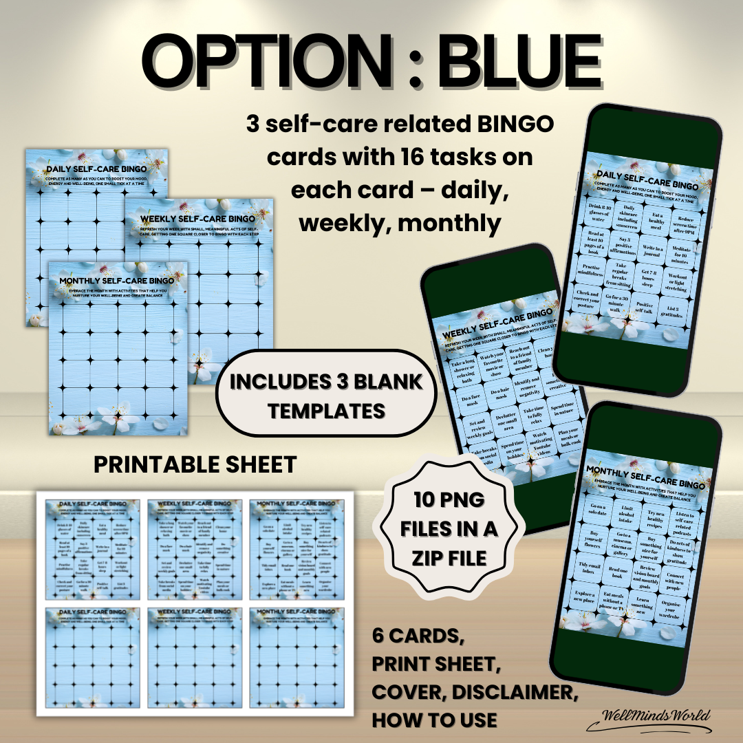 Printable bingo cards for self-care routines, helping reduce stress and boost positivity