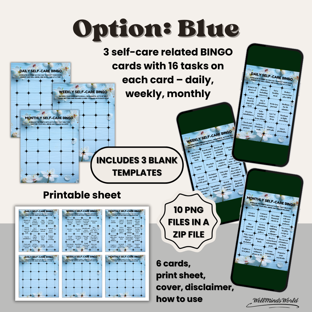 bingo 1p Self-Care BINGO Cards - Make Wellness Fun and Easy (Blue, Pink or Yellow)