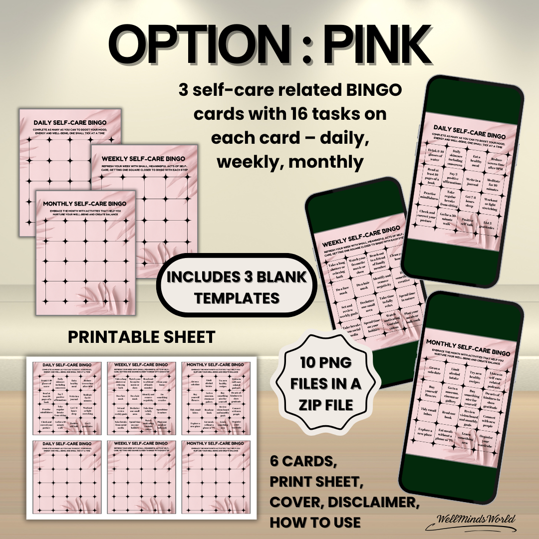 Wellness bingo challenge with customizable templates for personal self-care goals