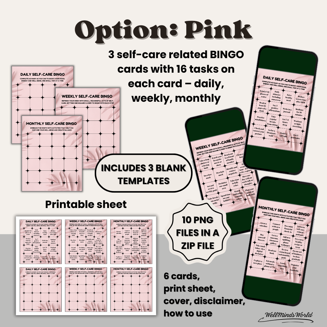 bingo 2p Self-care BINGO cards, printable digital wellness tools