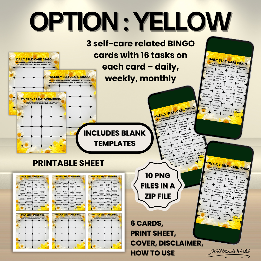Self-Care Bingo printable set to cultivate healthy habits and promote mental well-being