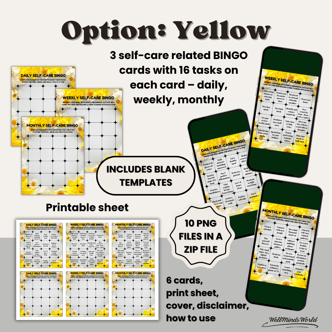 bingo 3p Self-care BINGO cards, printable digital wellness tools