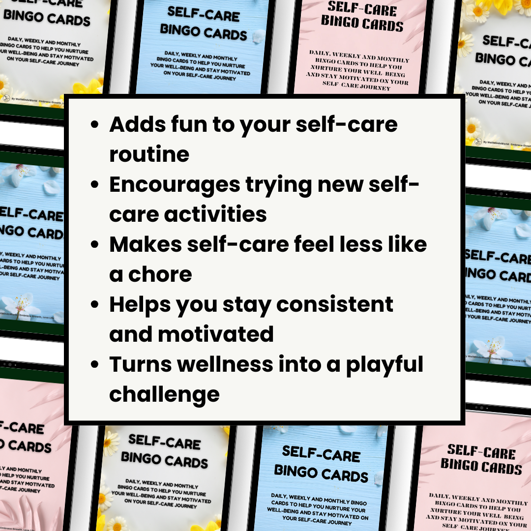bingo 4p Self-care BINGO cards, printable digital wellness tools