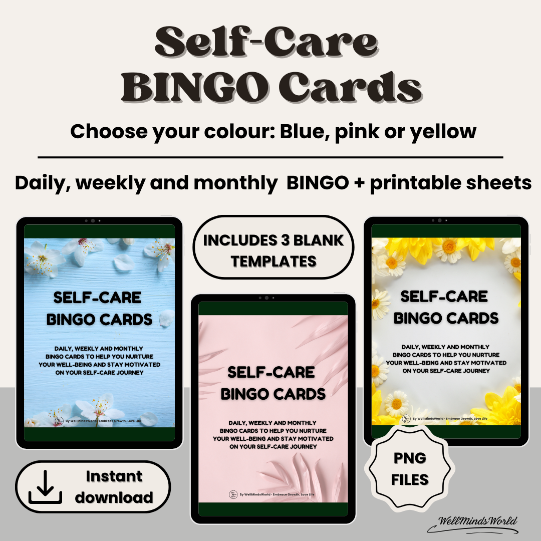 bingo coverp Self-Care BINGO Cards - Make Wellness Fun and Easy (Blue, Pink or Yellow)