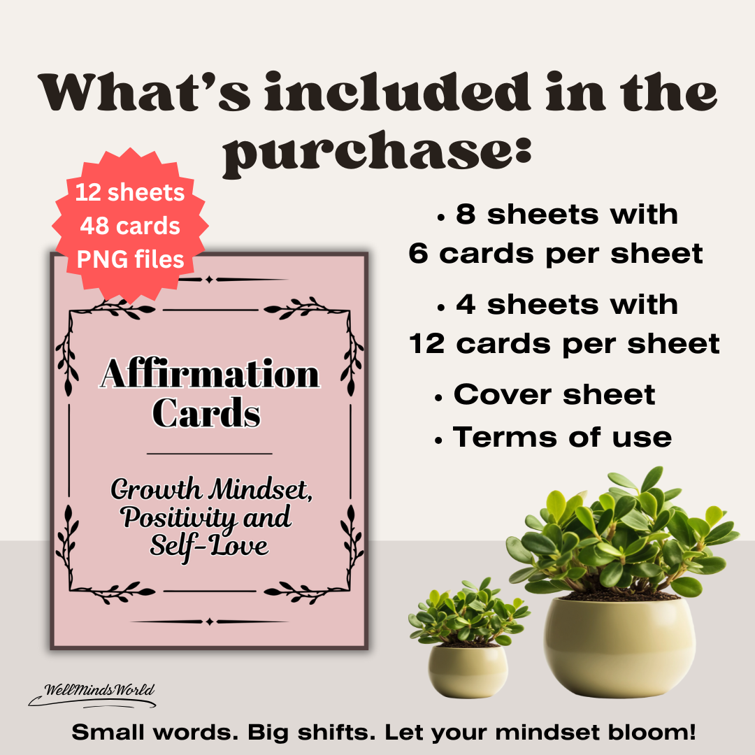 Printable mindset affirmations for fostering self-compassion, growth, and emotional health