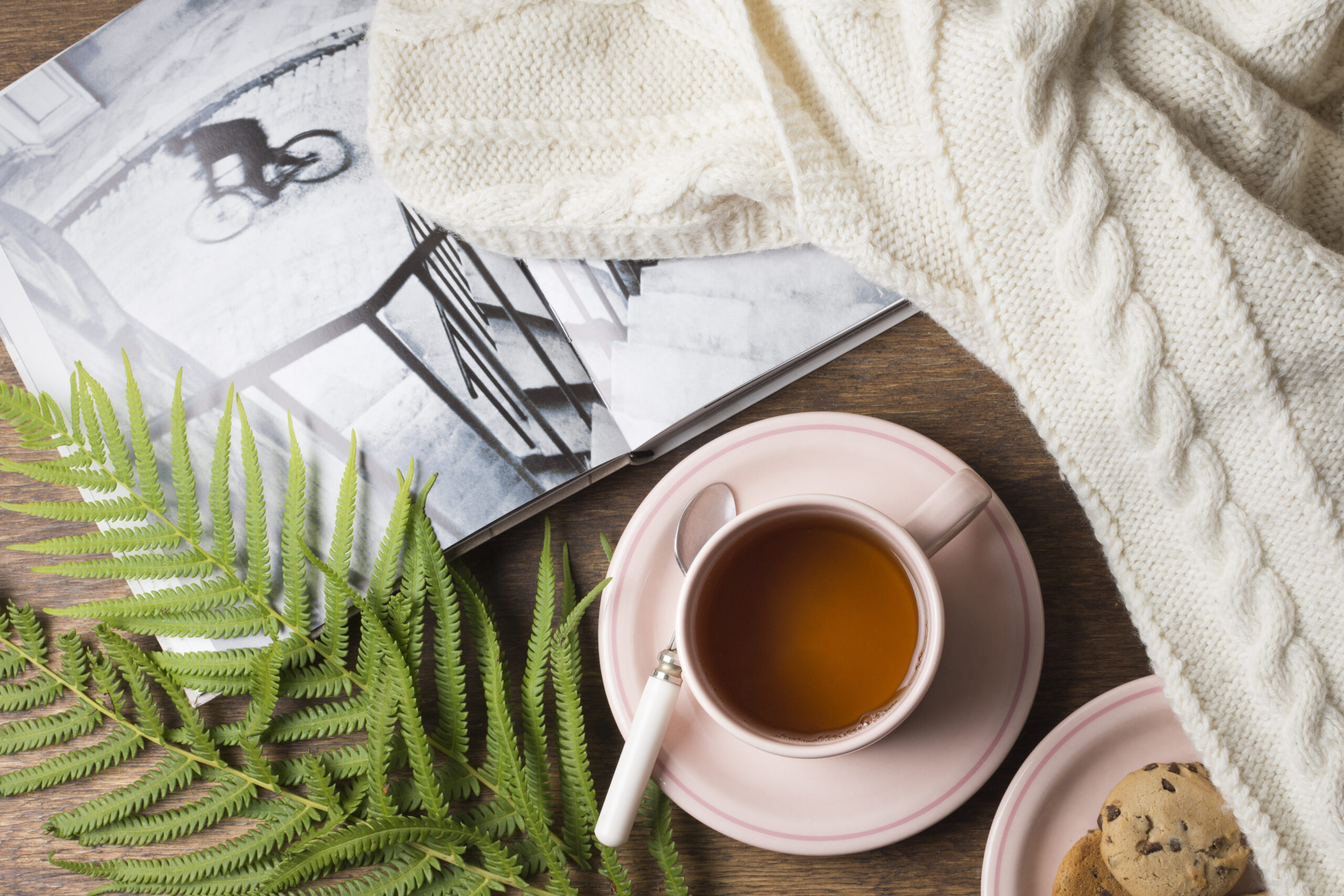 Cozy, minimalist workspace with soft natural light — open journal or notebook, a steaming cup of tea, gentle pink and cream accents, a laptop or book nearby, and a small plant. Warm, calm atmosphere inviting reflection and personal growth.