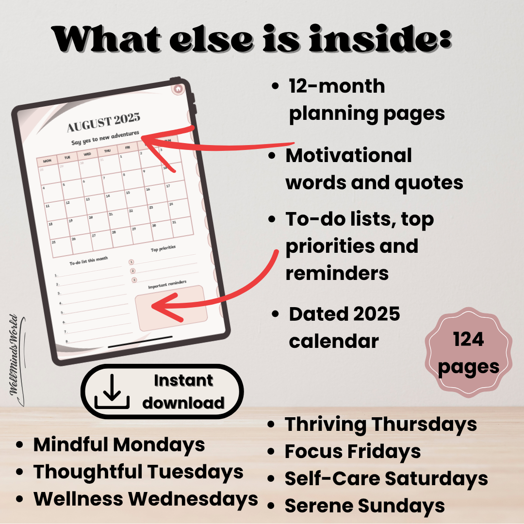 Self-growth planner with calming layout and structured prompts for clarity and focus.