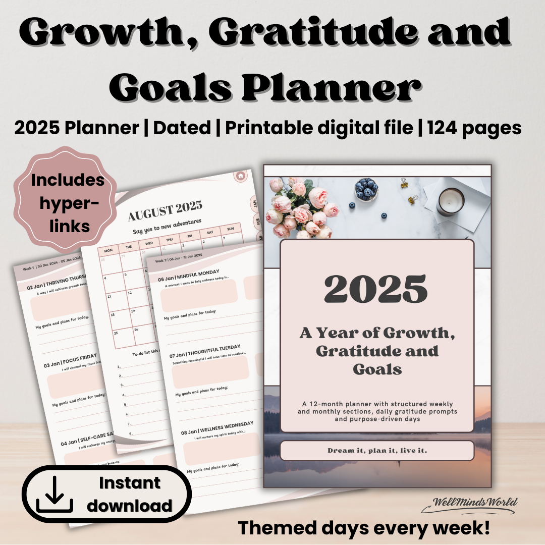 Printable goal planner with focus areas for gratitude, mindset, and balanced living.