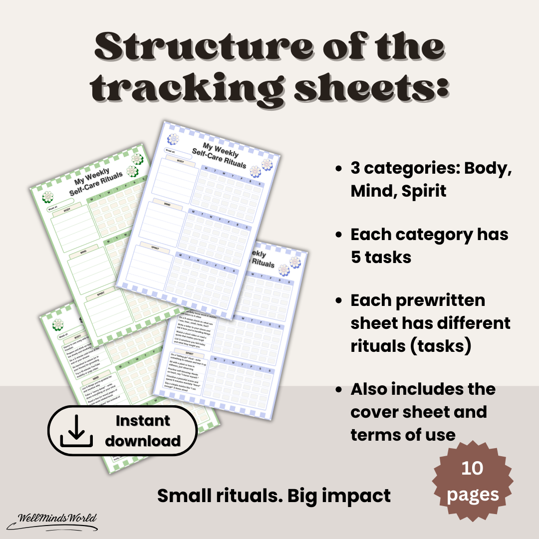 shop 3 my weekly self-care rituals digital printable tracking sheets
