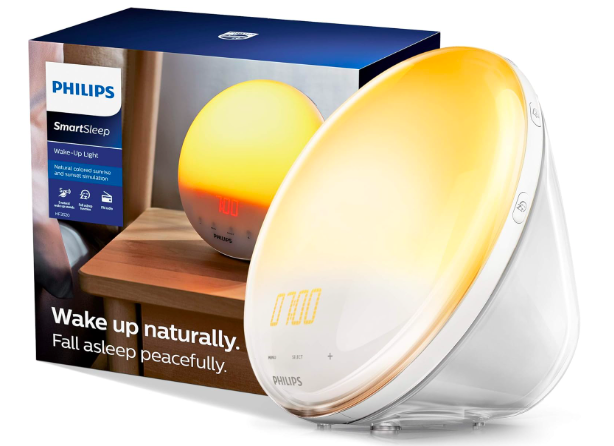 adjusting to daylight saving time gets easier when using this Philips SmartSleep Wake-up Light, Coloured Sunrise and Sunset Simulation, 7 Natural Sounds, FM Radio & Reading Lamp, Tap Snooze
