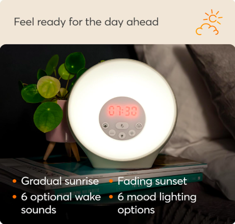 adjusting to daylight saving time gets easier when using this Lumie Sunrise Alarm - Sunrise Wake-up Alarm, Sunset Sleep Feature, Sounds and Mood Lighting, White