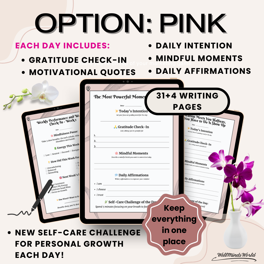 7-minute daily journal displayed on a tablet, showing soft pink self-care challenge and affirmation sections.