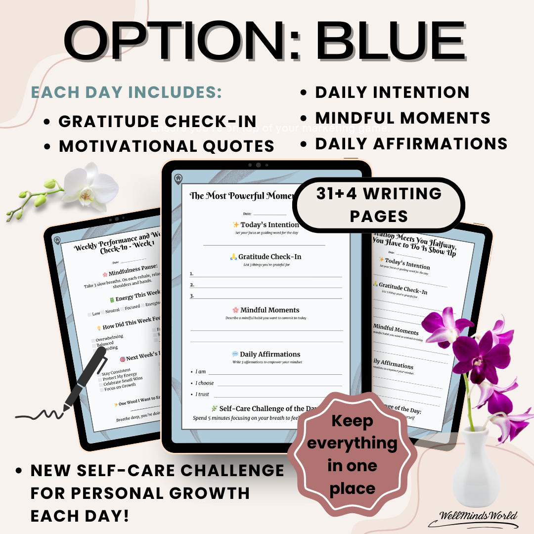 Printed journal with wellness check-in page, featuring energy tracker and mindful reflection prompts.