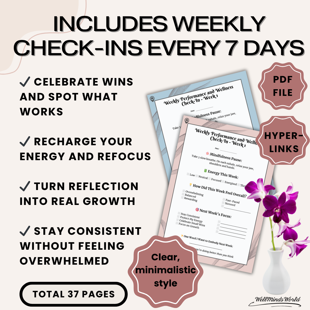 Weekly check-in journal page with simple icons and checklists for focus and energy tracking.
