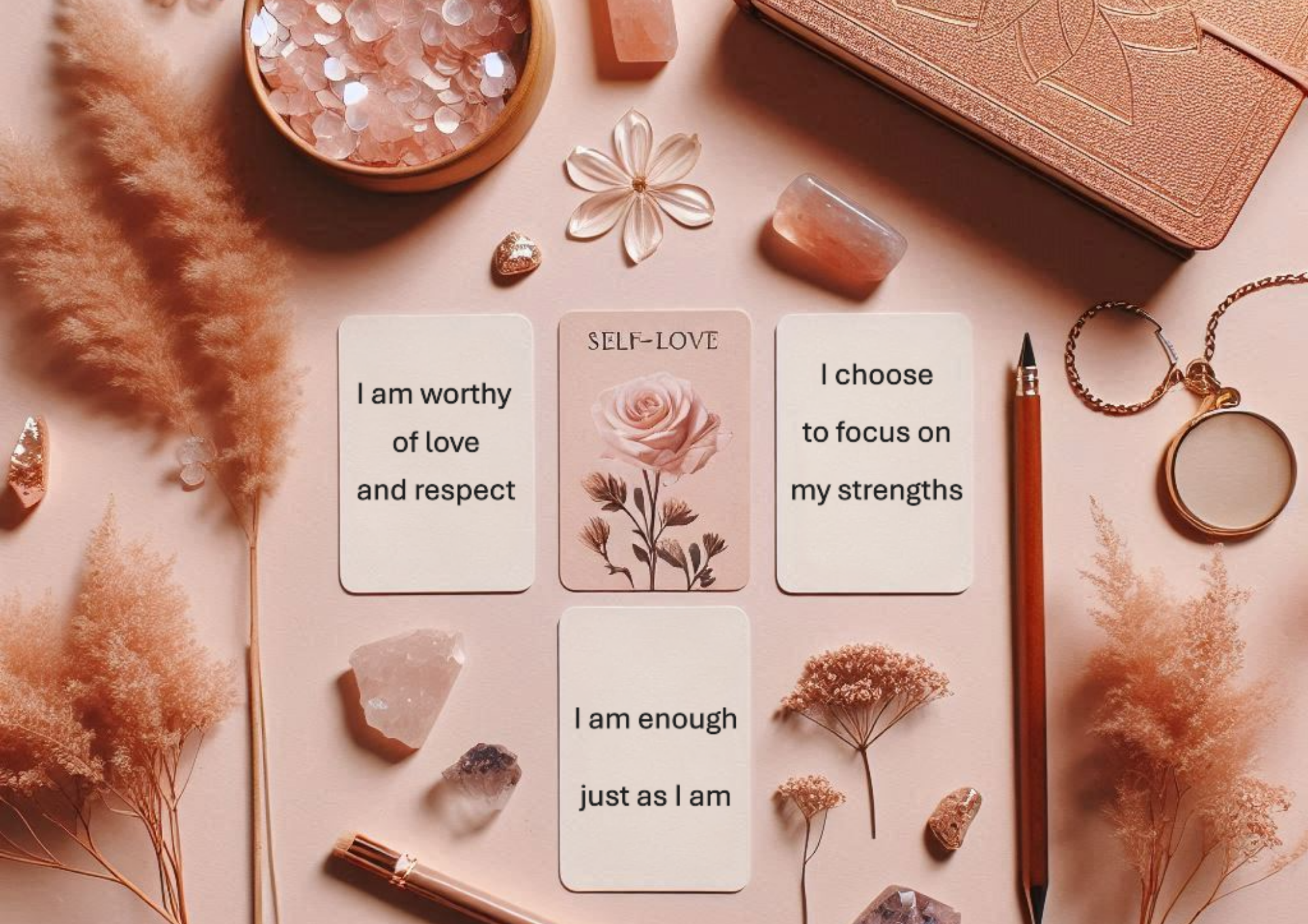 A calming flat lay with a journal, flowers, and a cup of tea, featuring handwritten self-love affirmations. Includes phrases like "I am worthy" and "I love myself" to promote positive affirmations for self-love, confidence, and self-worth.