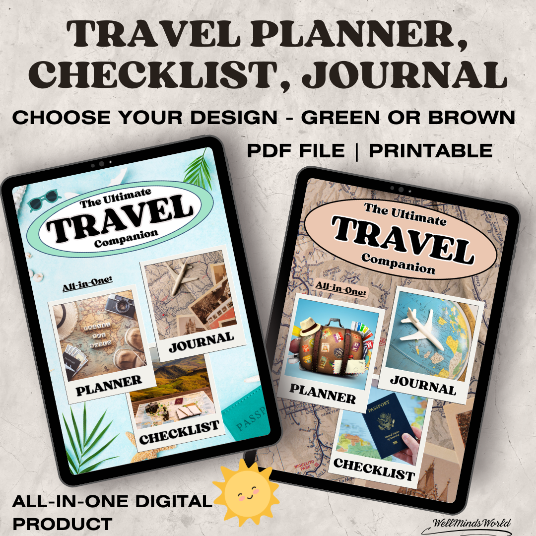 Digital travel planner PDF with journal and checklist – organize your next trip with ease.