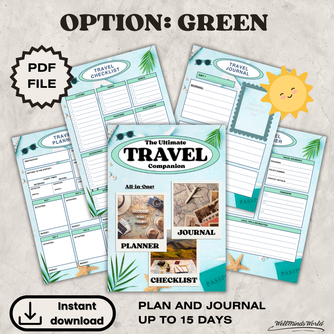Minimalist printable vacation planner for 15-day trips – includes packing list and daily logs.
