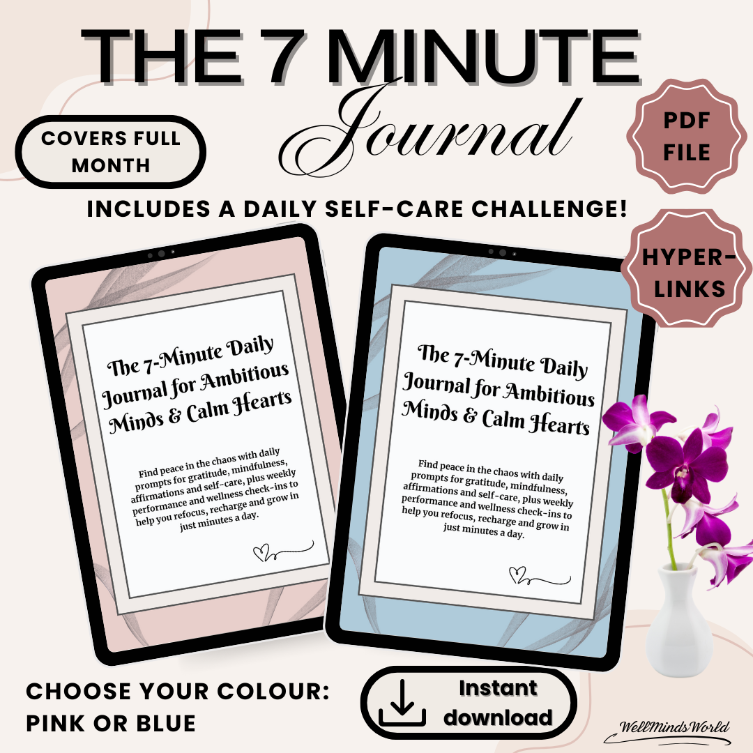 Minimalist daily journal with pink and blue tones, open to a gratitude and mindfulness prompt page.