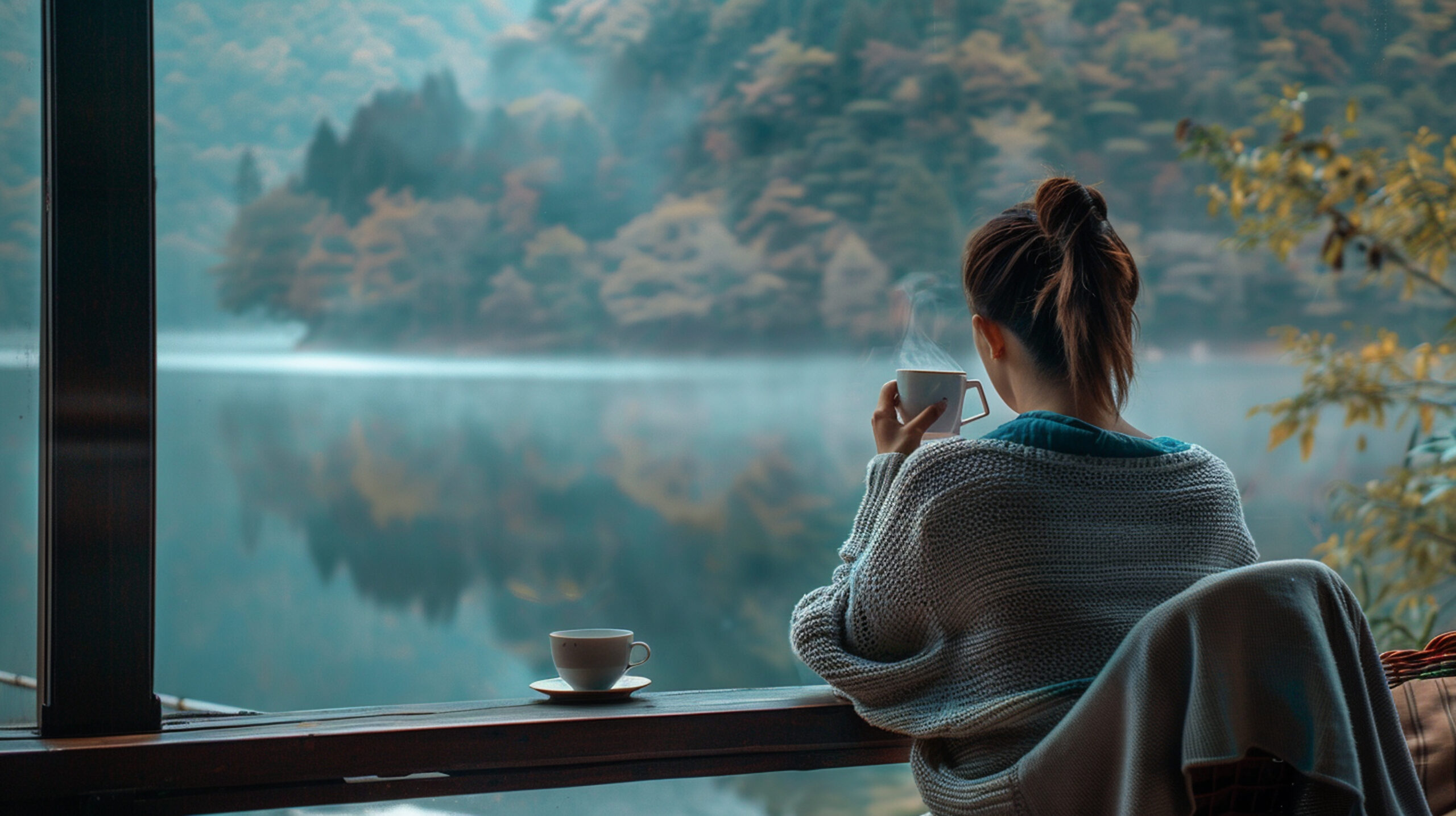 Mindful living - a woman drinking a coffee in a calm and relaxed environment