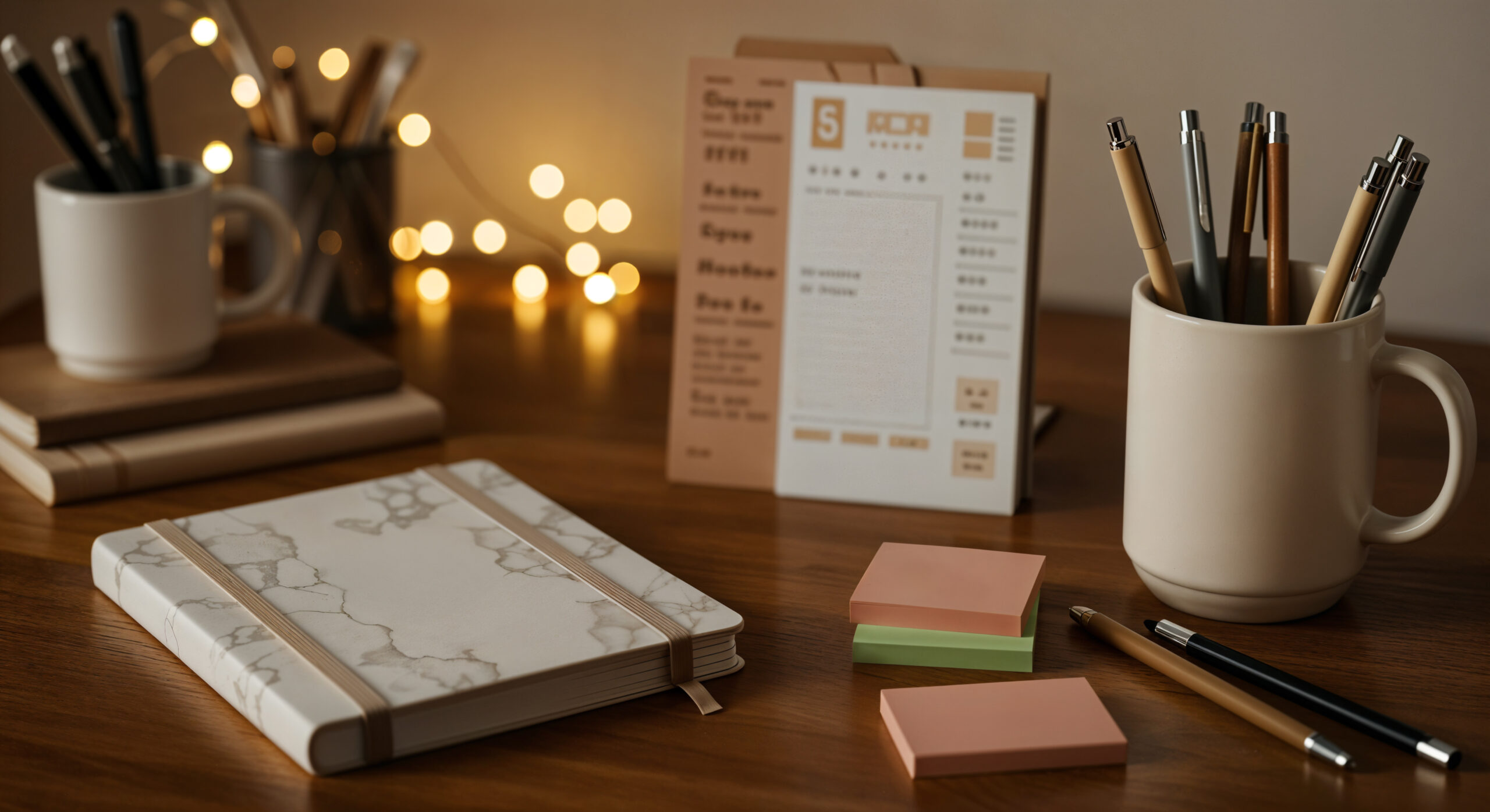 Minimalist workspace with soft natural light, cluttered sticky notes and scattered papers on one side transitioning to a neat planner and organized desk on the other, person calmly writing in planner, warm neutral tones like beige and blush, symbolizing beating decision fatigue